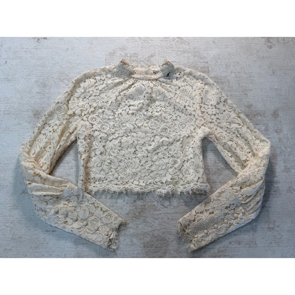 Bardot Cream Floral Lace Long Sleeve Crop Top Cuffs Eyelash Fringe Size S US 4